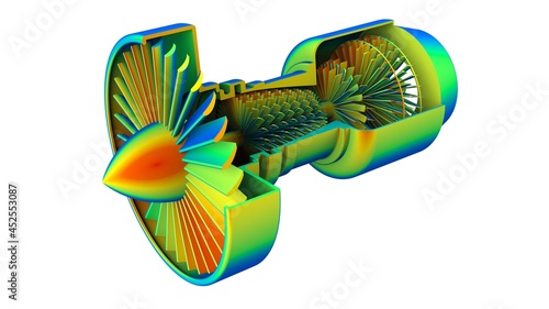 3d illustration. Von Mises stress isometric view of turbine engine plane. photo