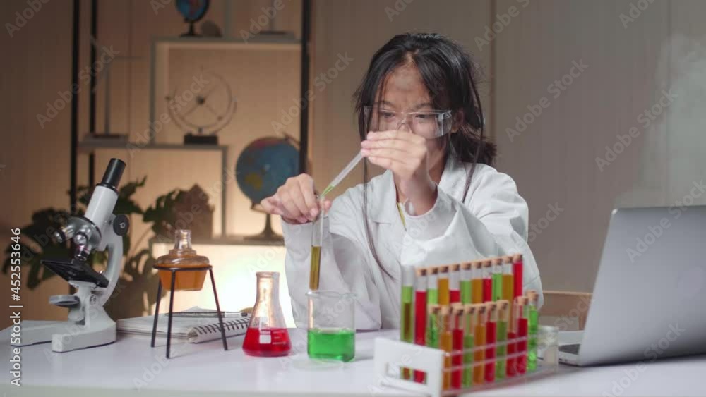 Young Asian Scientist Girl With Dirty Face Mixes Chemicals In Test Tube And Work With Laptop Computer. Child Learn With Interest
Young Asian Scientist Girl With Dirty Face Mixes Chemicals In Test Tube And Work With Laptop Computer. Child Learn With Interest