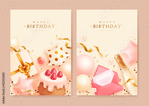 Set of happy birthday greeting card with realistic champagne, envelope and gift box. Vector illustration