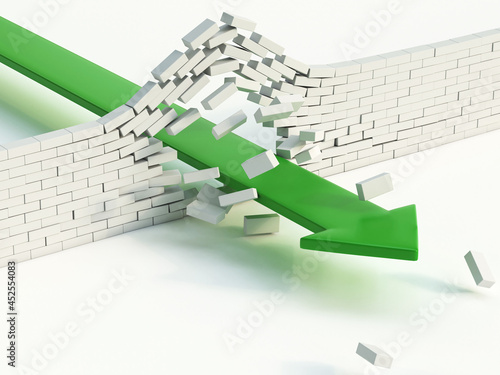 Arrow breaking brick wall abstract 3d illustration - power solution concept - infiltration - success metaphor 3d rendering
