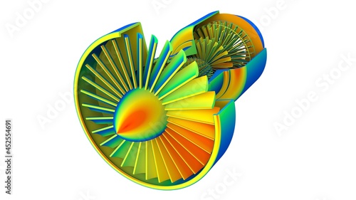 3d illustration. Von Mises stress isometric view of turbine engine plane 2