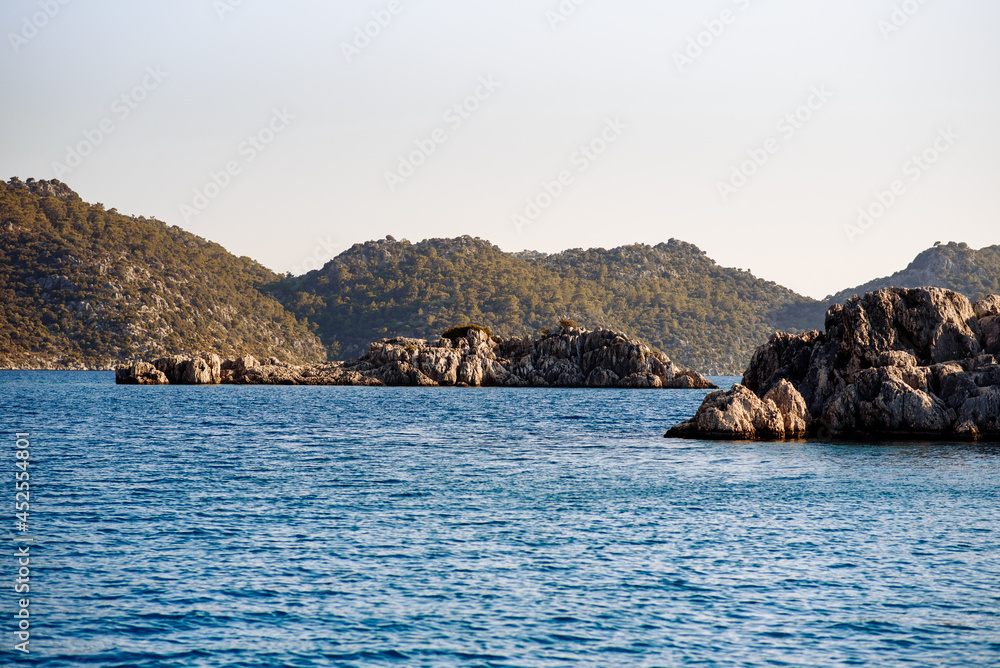 island in the sea, mountainous landscape in the sea