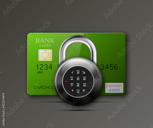 Credit card safe combination lock. Protection credit card. Safety badge banking. Defense finans. Security Plastic card software. Debit card electromagnetic chip Privacy Electronic money funds transfer