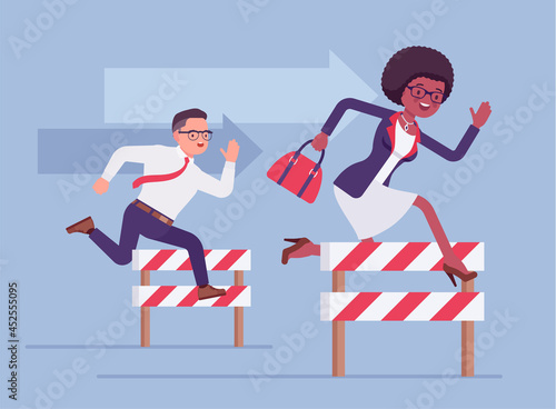 Business people running over barrier, try to overcome difficulties, obstacles. Office male and female rivals, manager competitors, strong employees for achievement, to win. Vector illustration