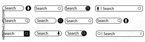 Search bar set. Search bar, search boxes. Web UI elements for browsers with text field and search button