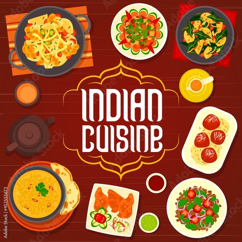 Indian cuisine menu cover with vector dishes of spice vegetables and fried milk dessert. Potato spinach curry, stew and samosa pastry, sweets, masala tea, roasted cauliflower, lentil soup and salad
