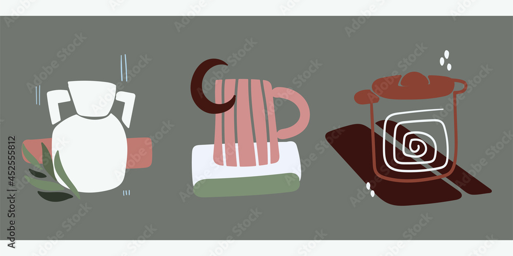 A set of three abstract minimalistic aesthetic still lifes with vases. Doodles and shapes in pastel colors. Modern vector composition in boho style for social networks, web design, interiors. A set of three abstract minimalistic aesthetic still lifes with vases. Doodles and shapes in pastel colors. Modern vector composition in boho style for social networks, web design, interiors.