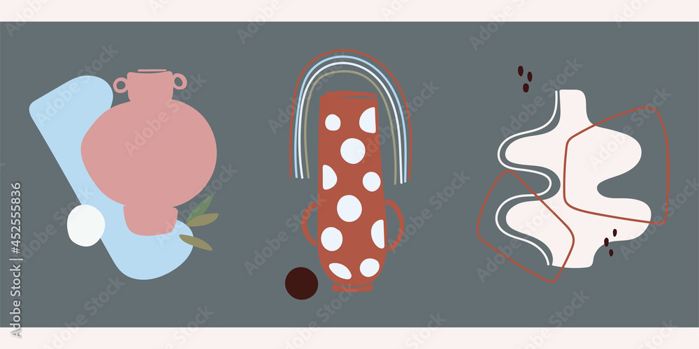 A set of three abstract minimalistic aesthetic still lifes with vases. Doodles and shapes in pastel colors. Modern vector composition in boho style for social networks, web design, interiors.