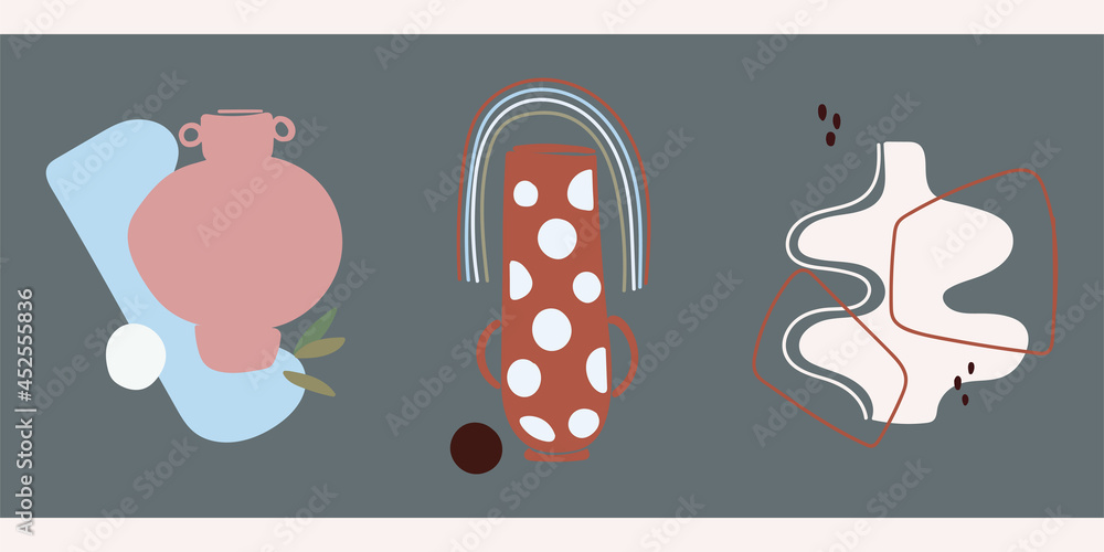 A set of three abstract minimalistic aesthetic still lifes with vases. Doodles and shapes in pastel colors. Modern vector composition in boho style for social networks, web design, interiors. A set of three abstract minimalistic aesthetic still lifes with vases. Doodles and shapes in pastel colors. Modern vector composition in boho style for social networks, web design, interiors.