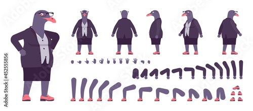 Bird woman, seagull head female pigeon, human wear construction set. Plump rounded person, clumsy dark seabird, wild marine creature. Cartoon flat style infographic illustration, different gestures