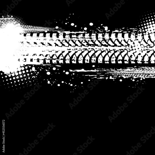 Grunge tyres tracks, car wheel trace and bike dirty tread. Vehicle dirty rubber marks, car skid or bicycle vector trails. Motocross motorsport, rally off road racing background with mud splatters