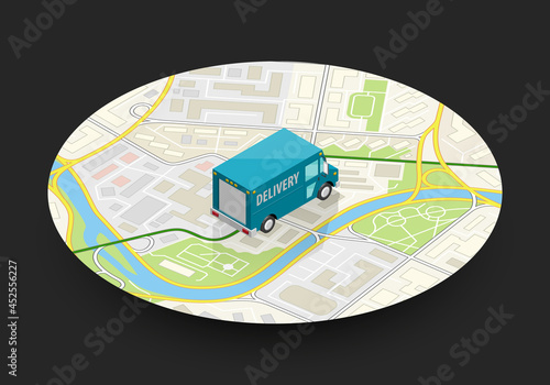 Isometric delivery van. Cargo truck transportation, box on route, Fast delivery logistic 3d carrier transport, app isometry city freight car, infographic loading goods. Low poly style vehicle truck