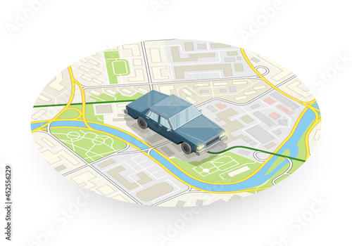 Isometric car sharing banner. Auto transportation, route circle map, Fast automobile logistic 3d transport, application isometry city auto car, infographic vehicle. Low poly style car vehicle model