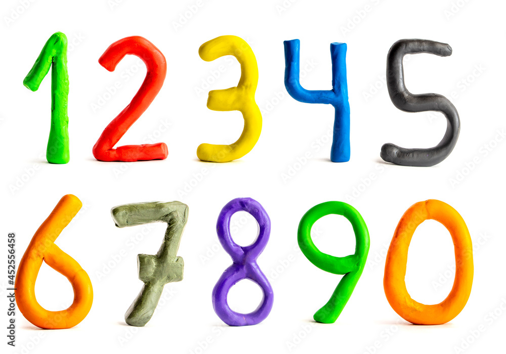 Set of plasticine numbers 1-9. Multi-colored numbers from plasticine on a white background. Play dough Set of plasticine numbers 1-9. Multi-colored numbers from plasticine on a white background. Play dough