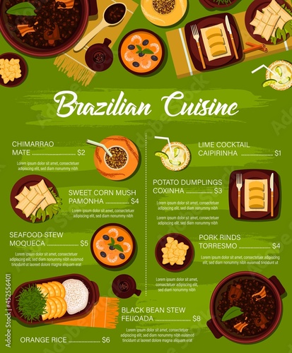 Brazilian cuisine vector menu template sweet corn mush pamonha, potato dumplings coxinha and chimarrao mate. Seafood stew moqueca, pork rinds torresmo and lime cocktail caipirinha meals of Brazil