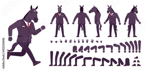 Horse man, large hoofed male animal, human wear construction set. Business person in dark strict suit, strong working office employee. Cartoon flat style infographic illustration, different gestures