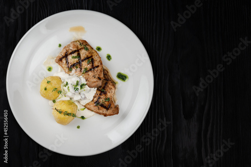 Grilled pork meat with mush...