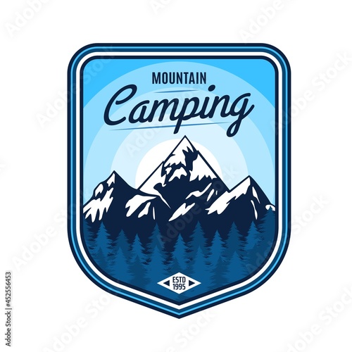 Mountain camping icon of vector outdoor adventure, travel, tourism and expedition design. Mountain and forest landscape with snow peaks and ice range, pine trees and sun isolated badge of patch design