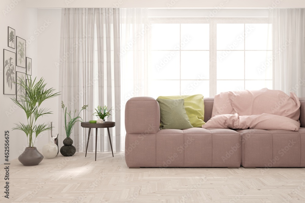 Fototapeta premium Modern living room in white color with sofa. Scandinavian interior design. 3D illustration