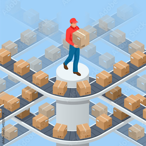 Isometric packed courier on production line against cardboard boxes in warehouse. Transport and processing of orders in trade. Cargo shipment boxes.