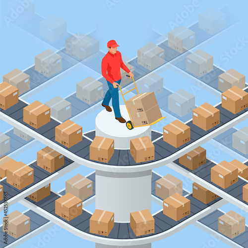 Isometric packed courier on production line against cardboard boxes in warehouse. Transport and processing of orders in trade. Cargo shipment boxes.