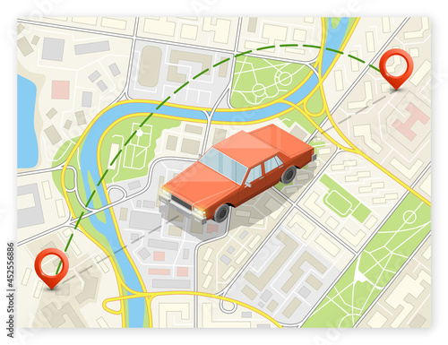 Isometric car sharing banner. Auto transportation, route circle map, Fast automobile logistic 3d transport, application isometry city auto car, infographic vehicle. Low poly style car vehicle model