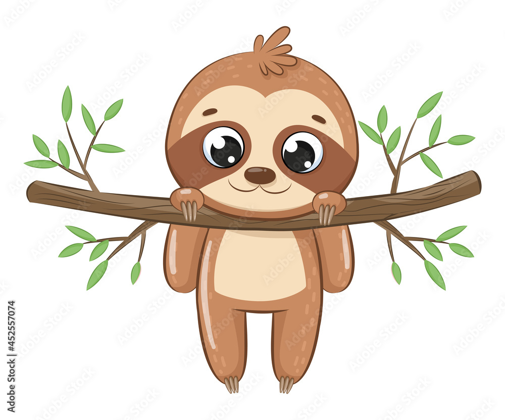 Obraz premium Cute sloth hanging on a tree branch.Cartoon vector illustration.