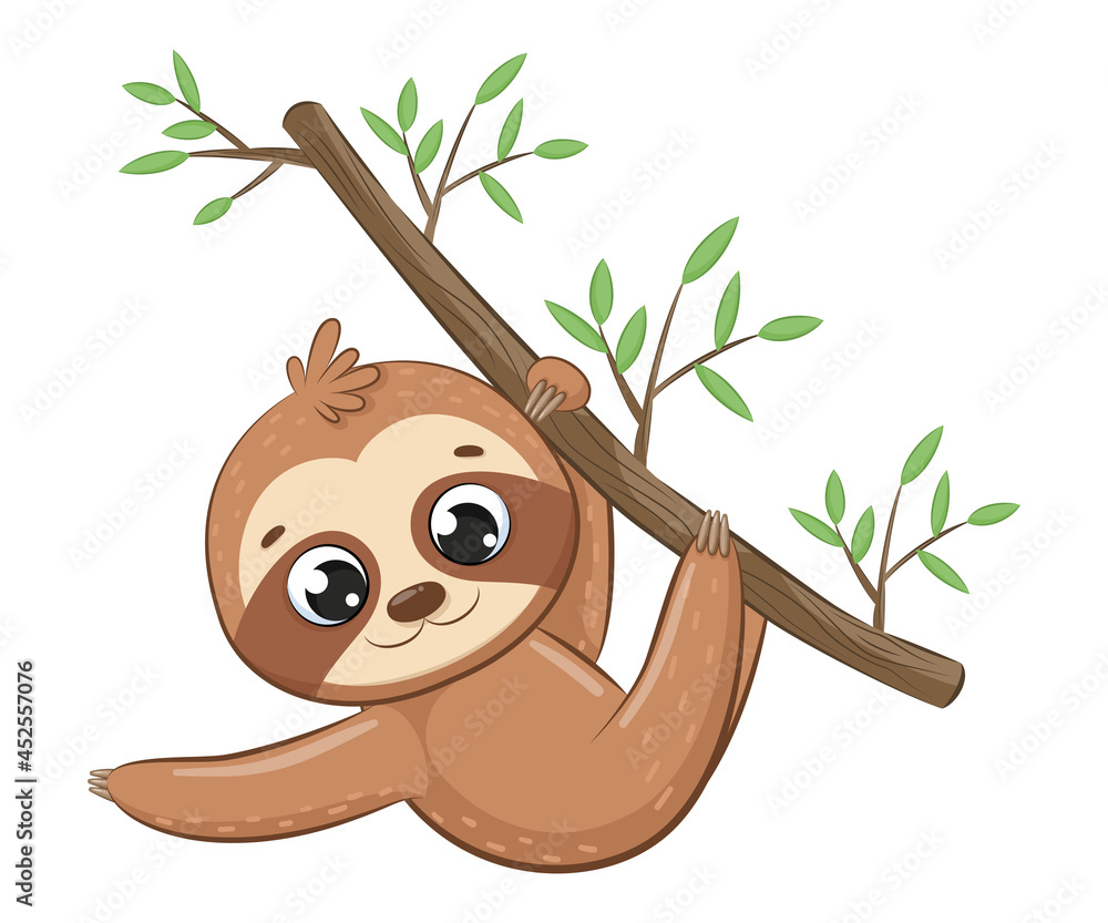 Fototapeta premium Cute sloth hanging on a tree branch.Cartoon vector illustration.