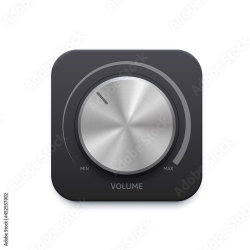 Metallic music sound round knob button. Volume audio stereo system vector 3d design element for mobile application or website ui graphic. Min or max level audio player app isolated icon