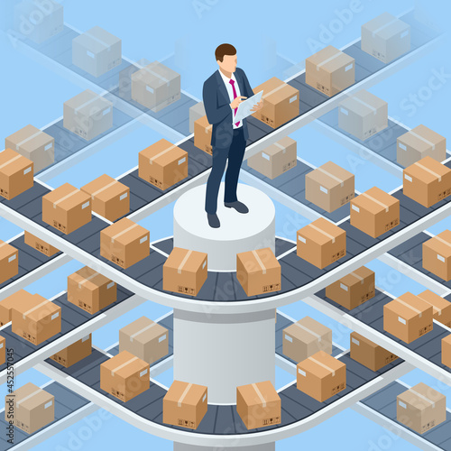 Isometric packed courier on production line against cardboard boxes in warehouse. Transport and processing of orders in trade. Cargo shipment boxes.