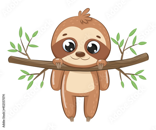 Cute sloth hanging on a tree branch.Cartoon vector illustration.
