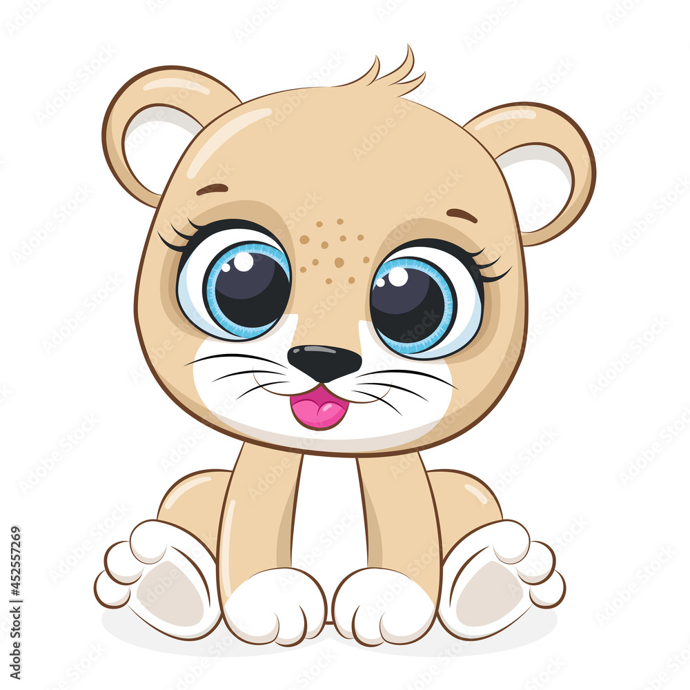 Cute lion sits and smiles.Cartoon vector illustration.
