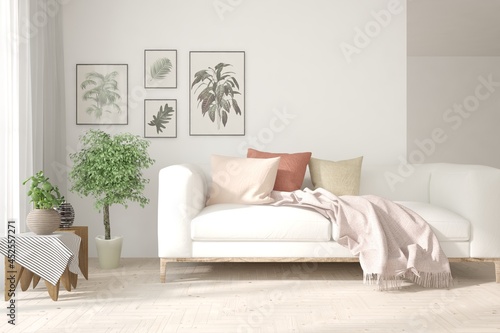 White living room with sofa. Scandinavian interior design. 3D illustration