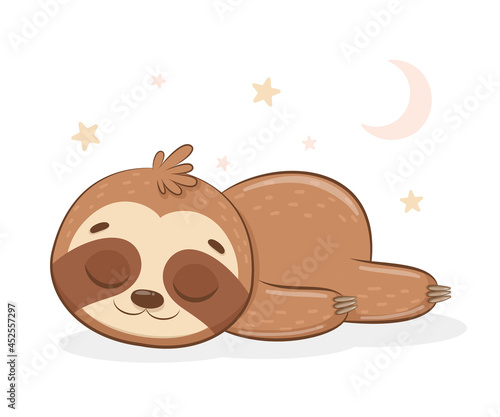 Cute sloth sleeps sweetly.Cartoon vector illustration.
