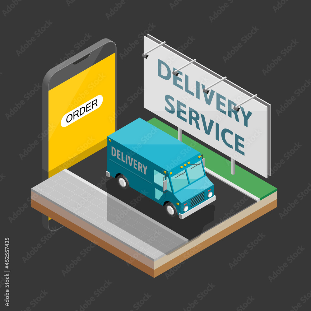 Delivery service van navigation smartphone, phone drawing schema isometric delivery cargo truck GPS navigation tablet, itinerary destination arrow isometry phone. Low poly style vehicle truck