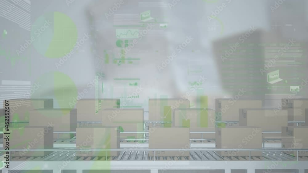 Animation of statistics processing over cardboard boxes on conveyor belts in warehouse Animation of statistics processing over cardboard boxes on conveyor belts in warehouse