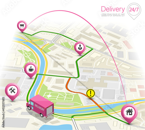 Delivery navigation route, City map point marker isometric delivery van, schema itinerary delivery car, city plan GPS navigation itinerary destination arrow city map Route check point business graphic