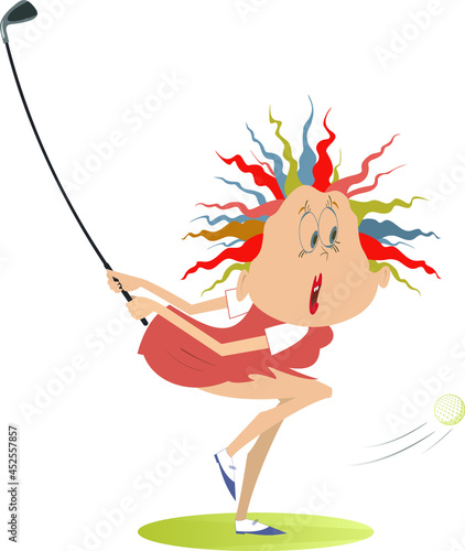 Cartoon golfer woman on the golf course illustration.
Funny golfer woman with a golf club tries to do a good kick isolated on white

