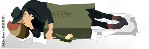 Sleeping homeless and poor man illustration. 
Hungry and chilled beggar sleeps in the cardboard box isolated on white
