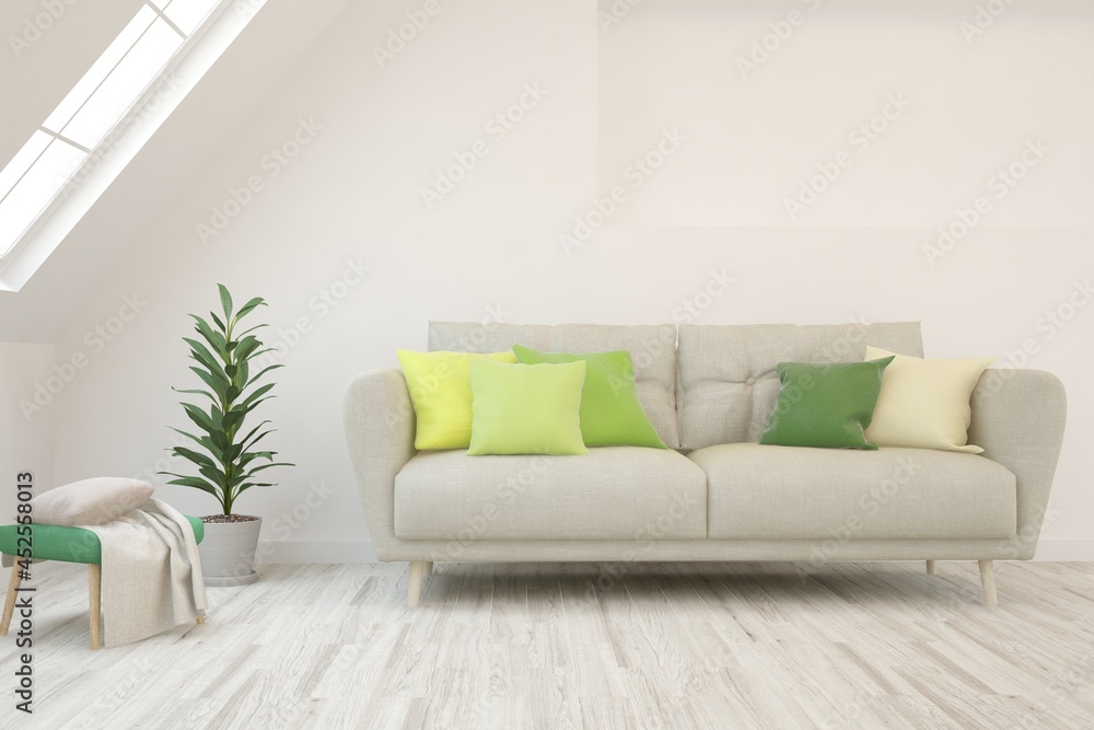 White living room with sofa. Scandinavian interior design. 3D illustration White living room with sofa. Scandinavian interior design. 3D illustration