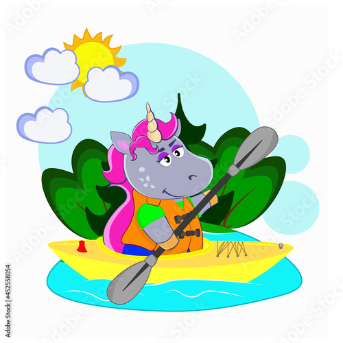 A cartoon unicorn in a kayak