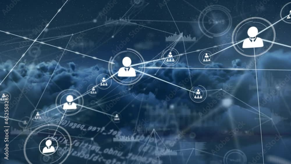 Animation of network of connections over cloudy sky and data processing Animation of network of connections over cloudy sky and data processing