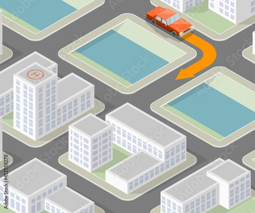 Isometric city map navigation, point markers background, app isometry drawing schema, 3D simple city plan GPS navigation, final destination arrow paper city map. Route delivery check point graphic