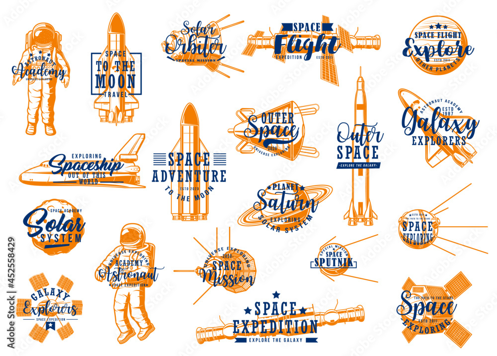 Space rockets, spaceman galaxy expedition to planets of solar system ...