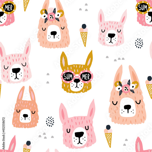 Childish seamless pattern with cute llamas heads. Creative summer vector childish background for fabric, textile
