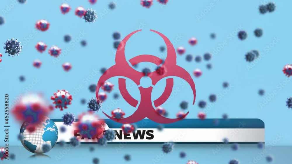 Animation of covid 19 cells flying over warning sing and fake news text Animation of covid 19 cells flying over warning sing and fake news text