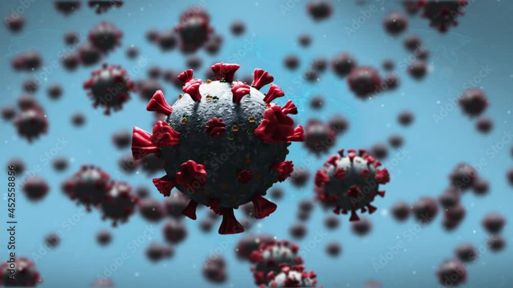 Animation of covid 19 cells flying over blue background Animation of covid 19 cells flying over blue background