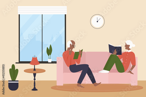 Elderly couple people read books in living room home interior vector illustration. Cartoon older woman man character reading book literature from library, sitting at sofa by window together background