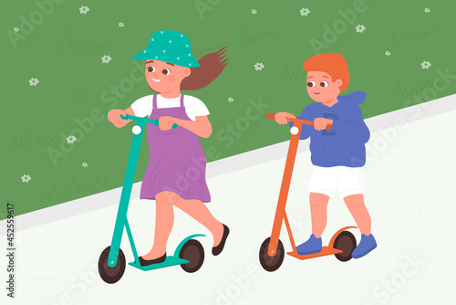 Kids play in park, ride kick scooters vector illustration. Cartoon little boy and girl child friends playing together on sidewalk, active children riding scooters, fun sport activity background