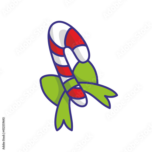 Candy cane and ribbon, white background. Christmas decor. Cartoon style. Vector, illustration